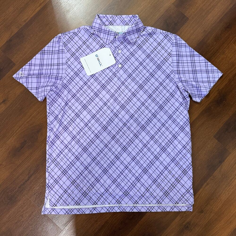 IBKUL NEW Tony Plaid Print Short Sleeve Polo UPF 50+ Golf Preppy Lavender Sz L